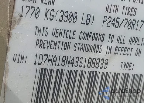 2003 Dodge Ram 1500 Slt/Laramie/St из США, поврежденный, VIN 1D7HA18N43S186839